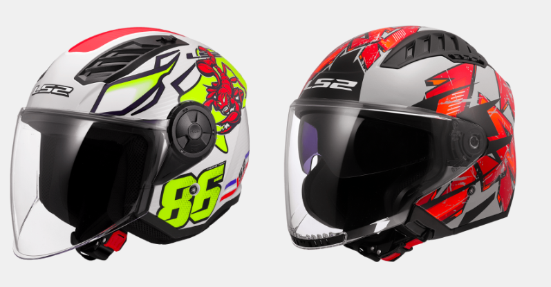 Casques LS2 jet blanc graphique 86 et jet rouge course