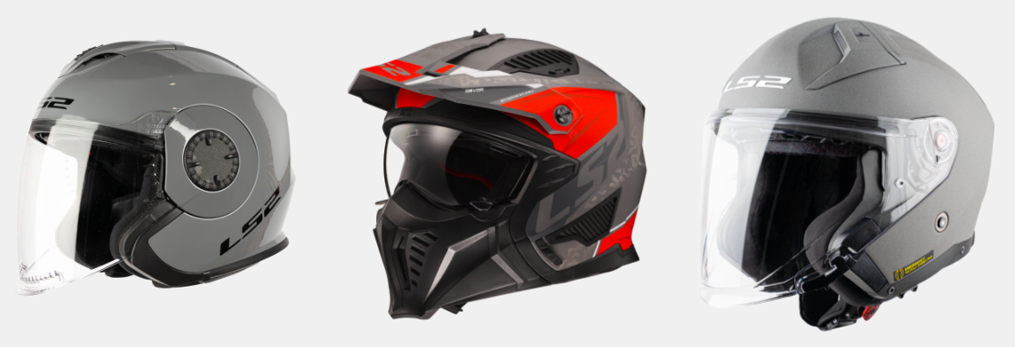 Casques LS2 jet gris, cross rouge et jet gris foncé