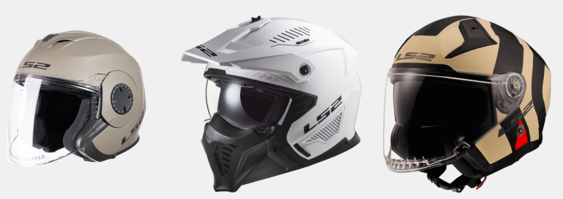 Casques LS2 jet beige, cross blanc et jet beige et noir